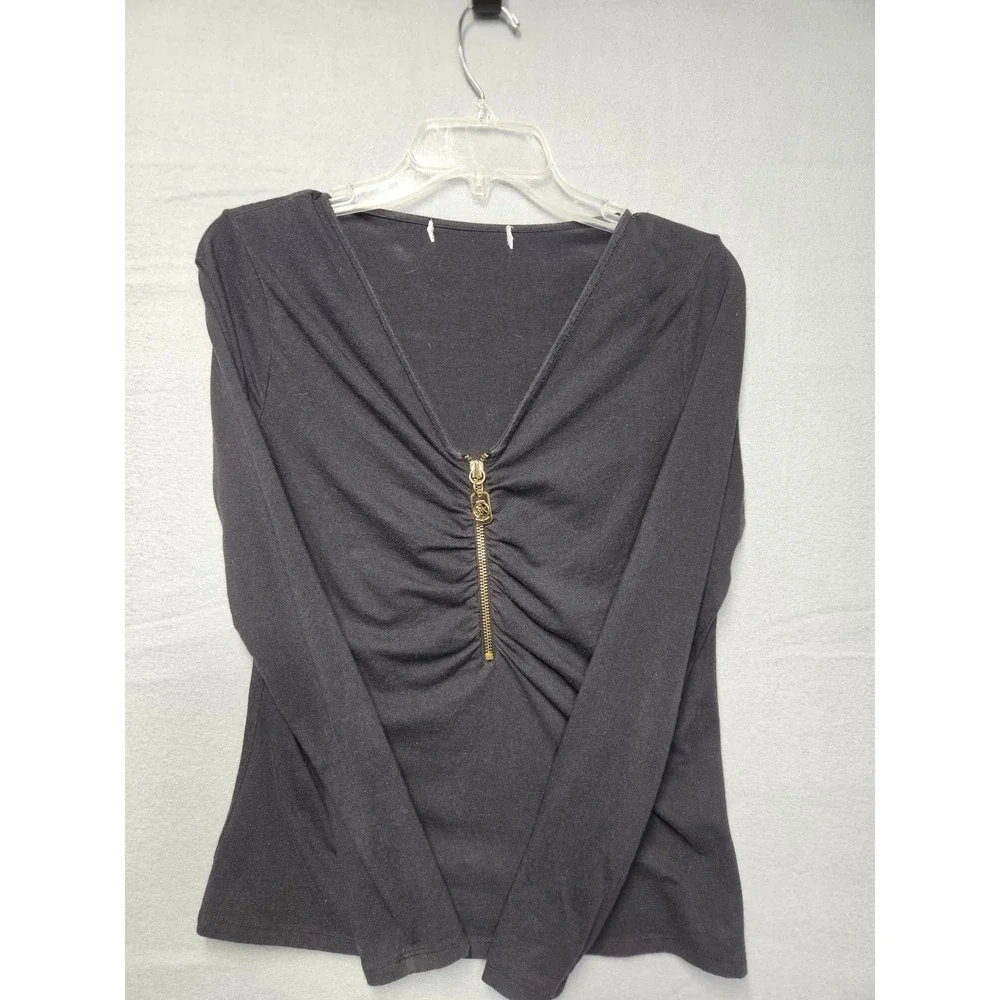 Michael Kors Womens Black Long Sleeve Ruched V-Neck Gold Zip Front Top